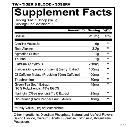 REDCON1 Total War Pre Workout, Tiger's Blood - L-Citrullin, Äpfelsäure, Grüntee-Extrakt für Pump-Boost - 3,2 g Beta-Alanin gegen Erschöpfung (30 Portionen)