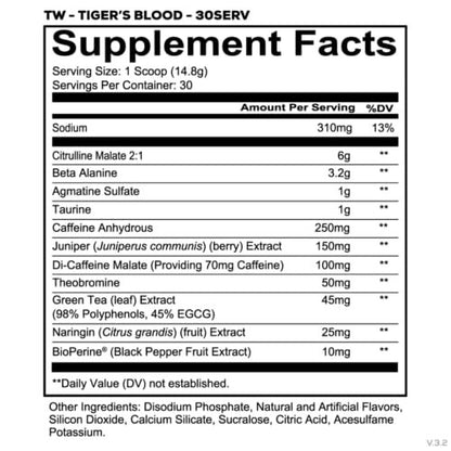 REDCON1 Total War Pre Workout, Tiger's Blood - L-Citrullin, Äpfelsäure, Grüntee-Extrakt für Pump-Boost - 3,2 g Beta-Alanin gegen Erschöpfung (30 Portionen)