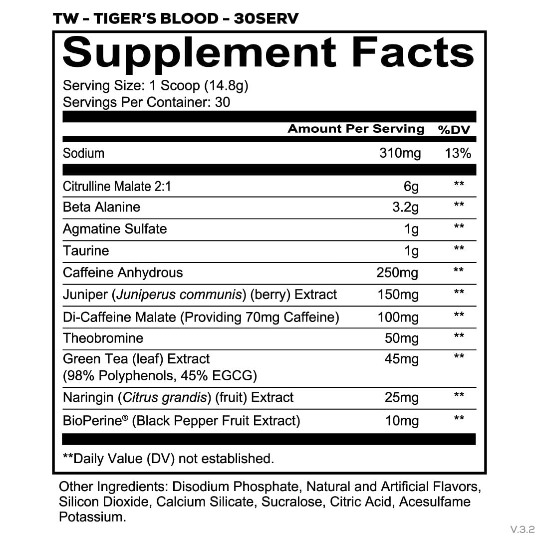 REDCON1 Total War Pre Workout, Tiger's Blood - L-Citrullin, Äpfelsäure, Grüntee-Extrakt für Pump-Boost - 3,2 g Beta-Alanin gegen Erschöpfung (30 Portionen)