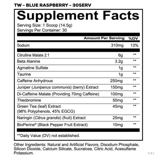 REDCON1 Total War Pre Workout, Blaue Himbeere - Beta-Alanin + Citrullin-Malat, Keto-freundliches Preworkout für Männer & Frauen mit 320 mg Koffein - Schnell wirkend (30 Portionen)