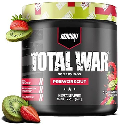 REDCON1 Total War Pre Workout, Strawberry Kiwi – Schnell wirkendes koffeinhaltiges Preworkout für Männer + Frauen mit Beta-Alanin – Enthält Citrullinmalat für erhöhten Pump und Durchblutung (30 Portionen)