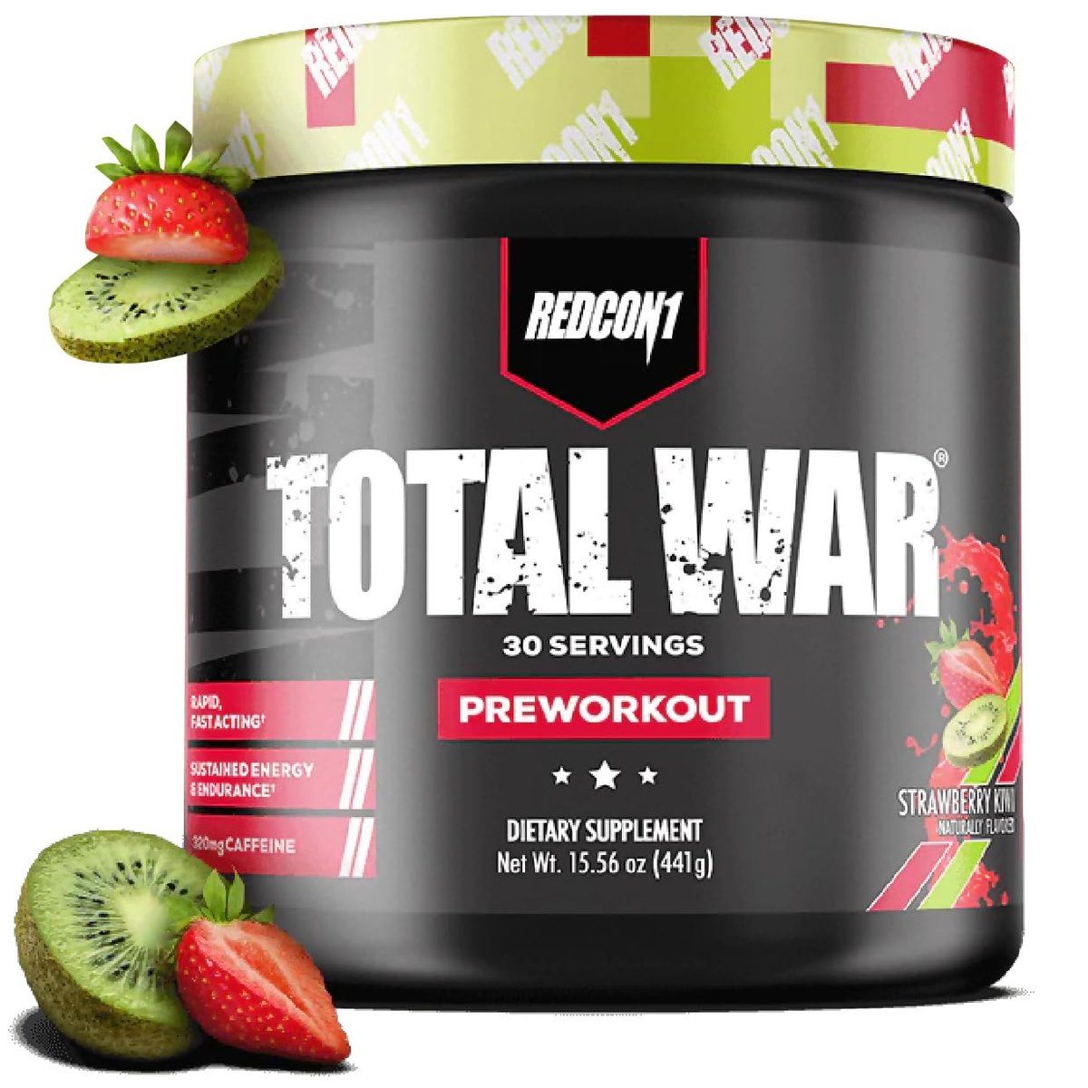 REDCON1 Total War Pre Workout, Strawberry Kiwi – Schnell wirkendes koffeinhaltiges Preworkout für Männer + Frauen mit Beta-Alanin – Enthält Citrullinmalat für erhöhten Pump und Durchblutung (30 Portionen)