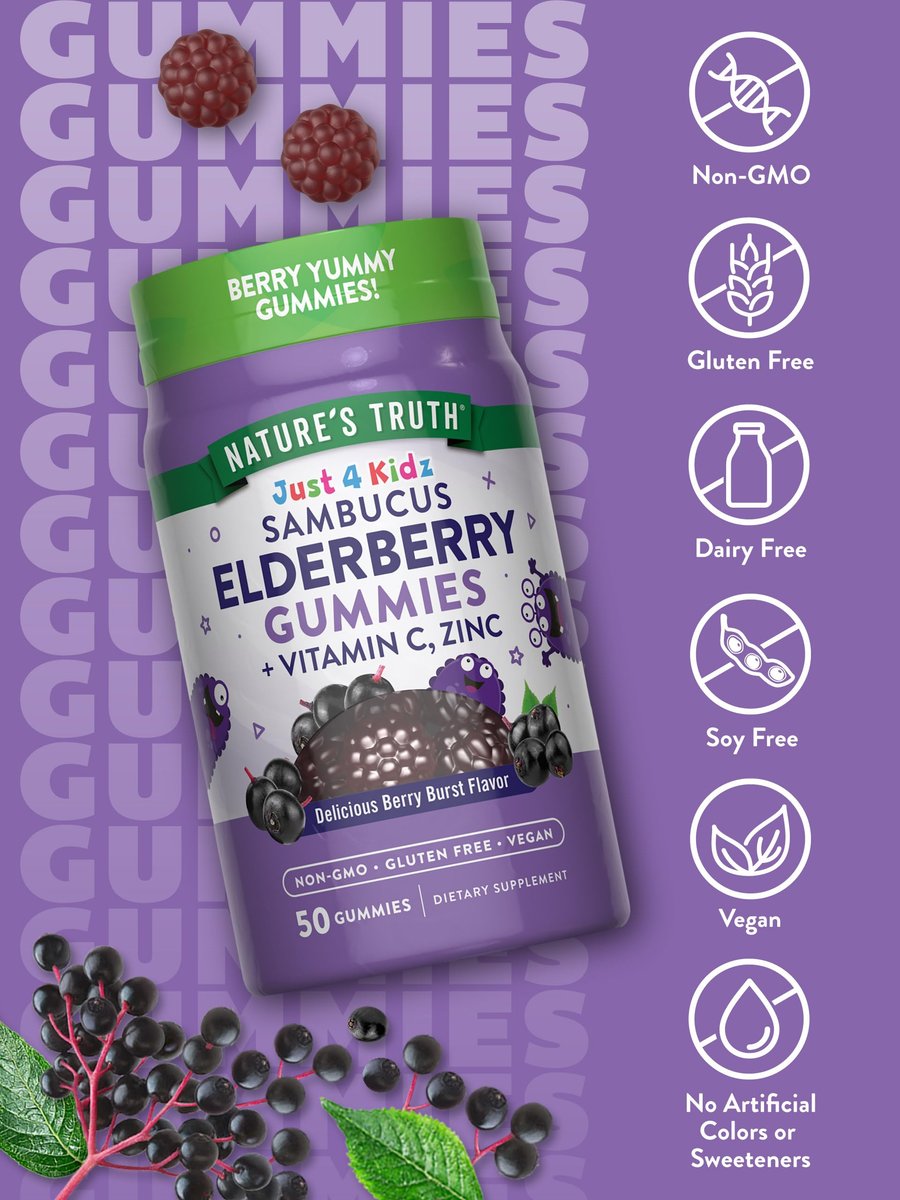 Nature's Truth Kids Holunderbeeren Gummibärchen | 50 Stück | mit Zink und Vitamin C | Vegan, Non-GMO & Glutenfrei