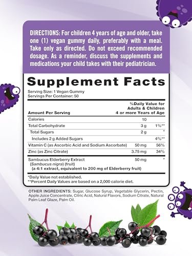 Nature's Truth Kids Holunderbeeren Gummibärchen | 50 Stück | mit Zink und Vitamin C | Vegan, Non-GMO & Glutenfrei