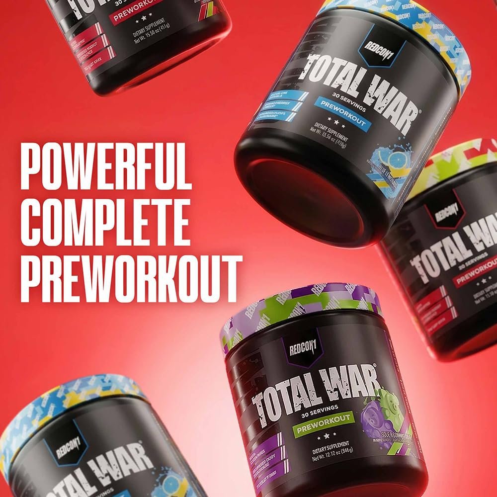REDCON1 Total War Pre Workout, Saurer Gummibär - Schnell wirkendes koffeinhaltiges Preworkout für Männer + Frauen mit Beta-Alanin - Enthält Citrullinmalat für erhöhte Pumpe und Durchblutung (30 Portionen)