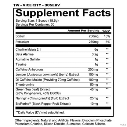 REDCON1 Total War Pre Workout, Vice City – L-Citrullin, Äpfelsäure, Grüntee-Extrakt für Pump-Boosting Pre Workout für Frauen & Männer – 3,2 g Beta-Alanin zur Verringerung von Erschöpfung (30 Portionen)