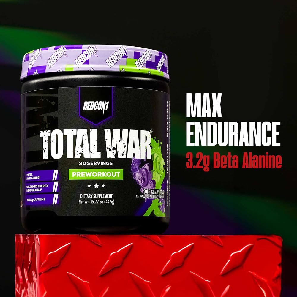 REDCON1 Total War Pre Workout, Saurer Gummibär - Schnell wirkendes koffeinhaltiges Preworkout für Männer + Frauen mit Beta-Alanin - Enthält Citrullinmalat für erhöhte Pumpe und Durchblutung (30 Portionen)