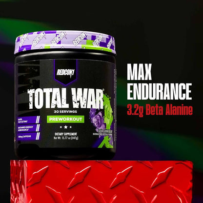 REDCON1 Total War Pre Workout, Saurer Gummibär - Schnell wirkendes koffeinhaltiges Preworkout für Männer + Frauen mit Beta-Alanin - Enthält Citrullinmalat für erhöhte Pumpe und Durchblutung (30 Portionen)