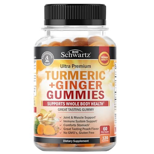 BioSchwartz Kurkuma Curcumin mit Ingwer Gummibärchen - Natürliche Extra-Stärke Gelenkunterstützung, leckerer Pfirsichgeschmack, ultrahohe Absorption, Nicht-GVO, glutenfrei, 120 Stück
