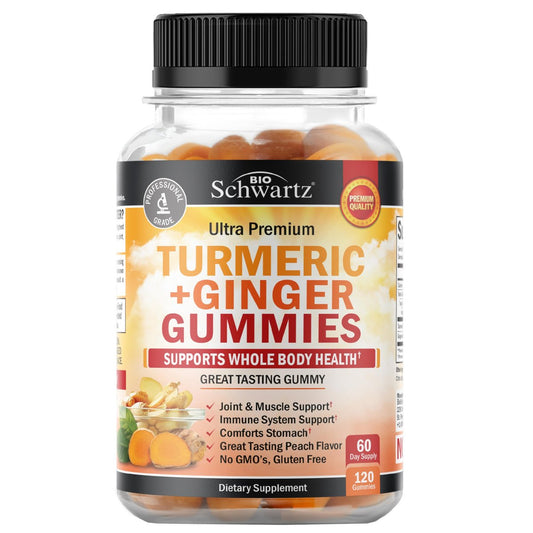 BioSchwartz Kurkuma Curcumin mit Ingwer Gummibärchen - Natürliche Extra-Stärke Gelenkunterstützung, leckerer Pfirsichgeschmack, ultrahohe Absorption, Nicht-GVO, glutenfrei, 120 Stück