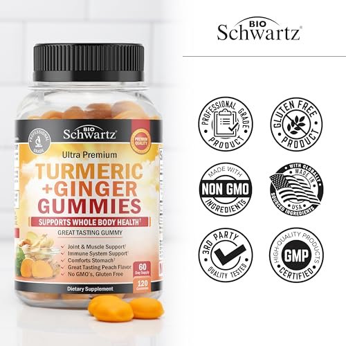BioSchwartz Kurkuma Curcumin mit Ingwer Gummibärchen - Natürliche Extra-Stärke Gelenkunterstützung, leckerer Pfirsichgeschmack, ultrahohe Absorption, Nicht-GVO, glutenfrei, 120 Stück
