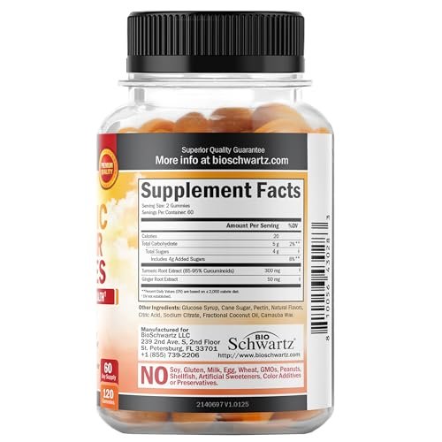BioSchwartz Kurkuma Curcumin mit Ingwer Gummibärchen - Natürliche Extra-Stärke Gelenkunterstützung, leckerer Pfirsichgeschmack, ultrahohe Absorption, Nicht-GVO, glutenfrei, 120 Stück