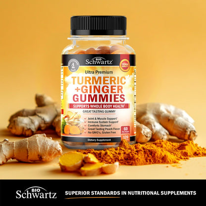 BioSchwartz Kurkuma Curcumin mit Ingwer Gummibärchen - Natürliche Extra-Stärke Gelenkunterstützung, leckerer Pfirsichgeschmack, ultrahohe Absorption, Nicht-GVO, glutenfrei, 120 Stück
