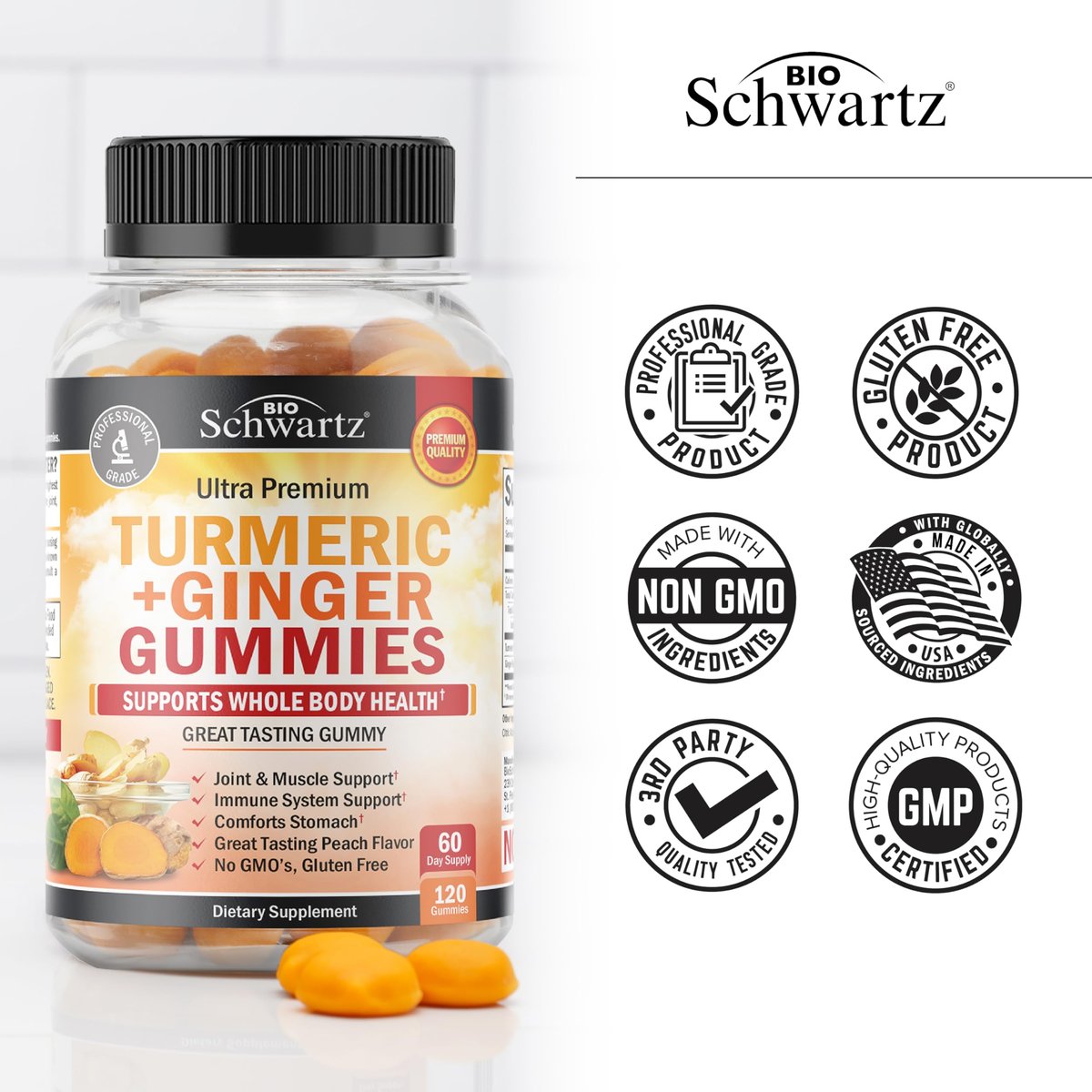 BioSchwartz Kurkuma Curcumin mit Ingwer Gummibärchen - Natürliche Extra-Stärke Gelenkunterstützung, leckerer Pfirsichgeschmack, ultrahohe Absorption, Nicht-GVO, glutenfrei, 120 Stück
