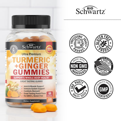 BioSchwartz Kurkuma Curcumin mit Ingwer Gummibärchen - Natürliche Extra-Stärke Gelenkunterstützung, leckerer Pfirsichgeschmack, ultrahohe Absorption, Nicht-GVO, glutenfrei, 120 Stück