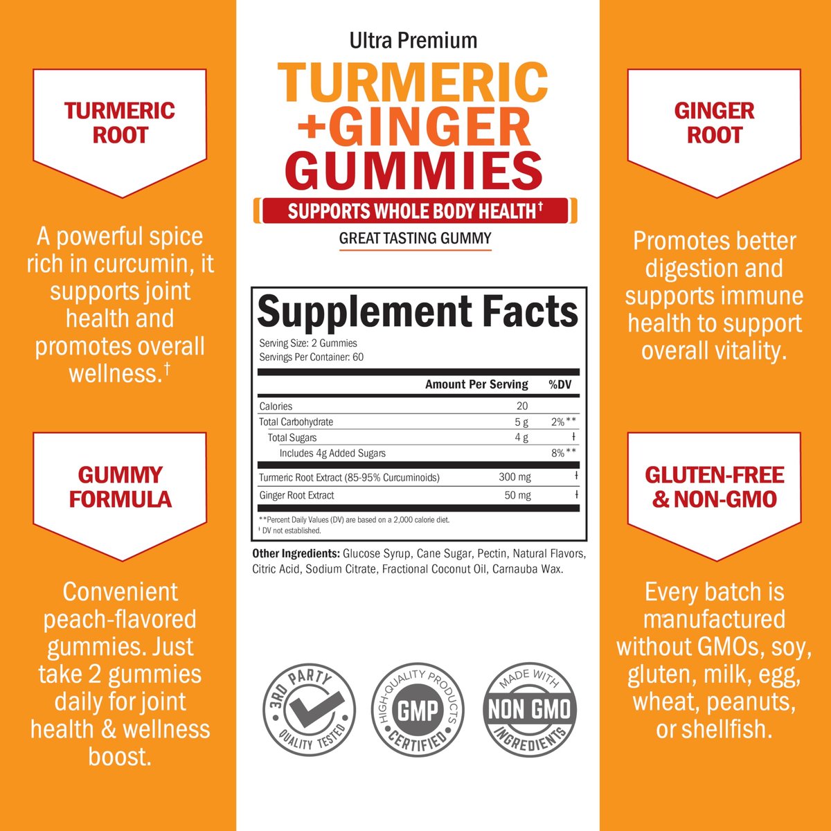 BioSchwartz Kurkuma Curcumin mit Ingwer Gummibärchen - Natürliche Extra-Stärke Gelenkunterstützung, leckerer Pfirsichgeschmack, ultrahohe Absorption, Nicht-GVO, glutenfrei, 120 Stück