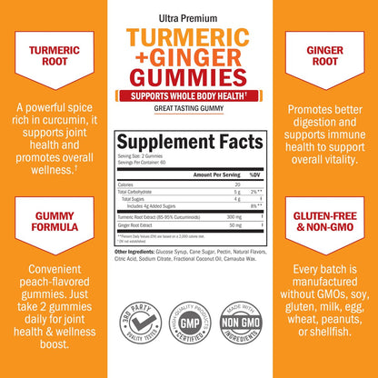 BioSchwartz Kurkuma Curcumin mit Ingwer Gummibärchen - Natürliche Extra-Stärke Gelenkunterstützung, leckerer Pfirsichgeschmack, ultrahohe Absorption, Nicht-GVO, glutenfrei, 120 Stück