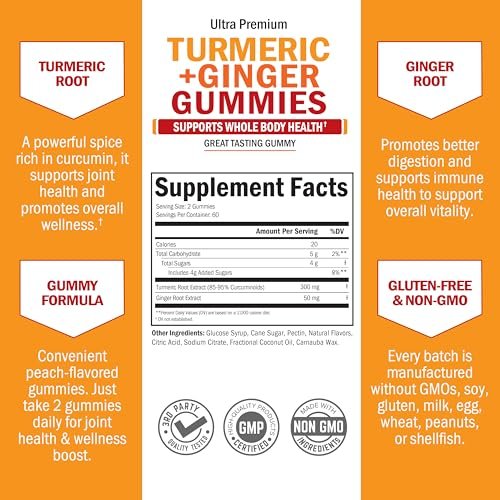 BioSchwartz Kurkuma Curcumin mit Ingwer Gummibärchen - Natürliche Extra-Stärke Gelenkunterstützung, leckerer Pfirsichgeschmack, ultrahohe Absorption, Nicht-GVO, glutenfrei, 120 Stück