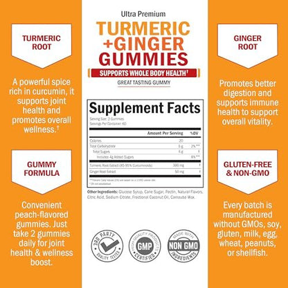 BioSchwartz Kurkuma Curcumin mit Ingwer Gummibärchen - Natürliche Extra-Stärke Gelenkunterstützung, leckerer Pfirsichgeschmack, ultrahohe Absorption, Nicht-GVO, glutenfrei, 120 Stück