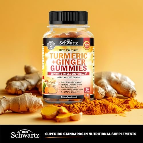 BioSchwartz Kurkuma Curcumin mit Ingwer Gummibärchen - Natürliche Extra-Stärke Gelenkunterstützung, leckerer Pfirsichgeschmack, ultrahohe Absorption, Nicht-GVO, glutenfrei, 120 Stück