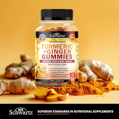BioSchwartz Kurkuma Curcumin mit Ingwer Gummibärchen - Natürliche Extra-Stärke Gelenkunterstützung, leckerer Pfirsichgeschmack, ultrahohe Absorption, Nicht-GVO, glutenfrei, 120 Stück