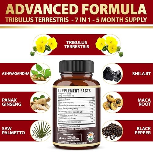 Tribulus Terrestris Komplex mit Ashwagandha, Ginseng, Sägepalme, Maca & Shilajit – 150 Kapseln (5-Monatsvorrat)