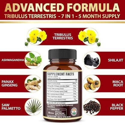 Tribulus Terrestris Komplex mit Ashwagandha, Ginseng, Sägepalme, Maca & Shilajit – 150 Kapseln (5-Monatsvorrat)