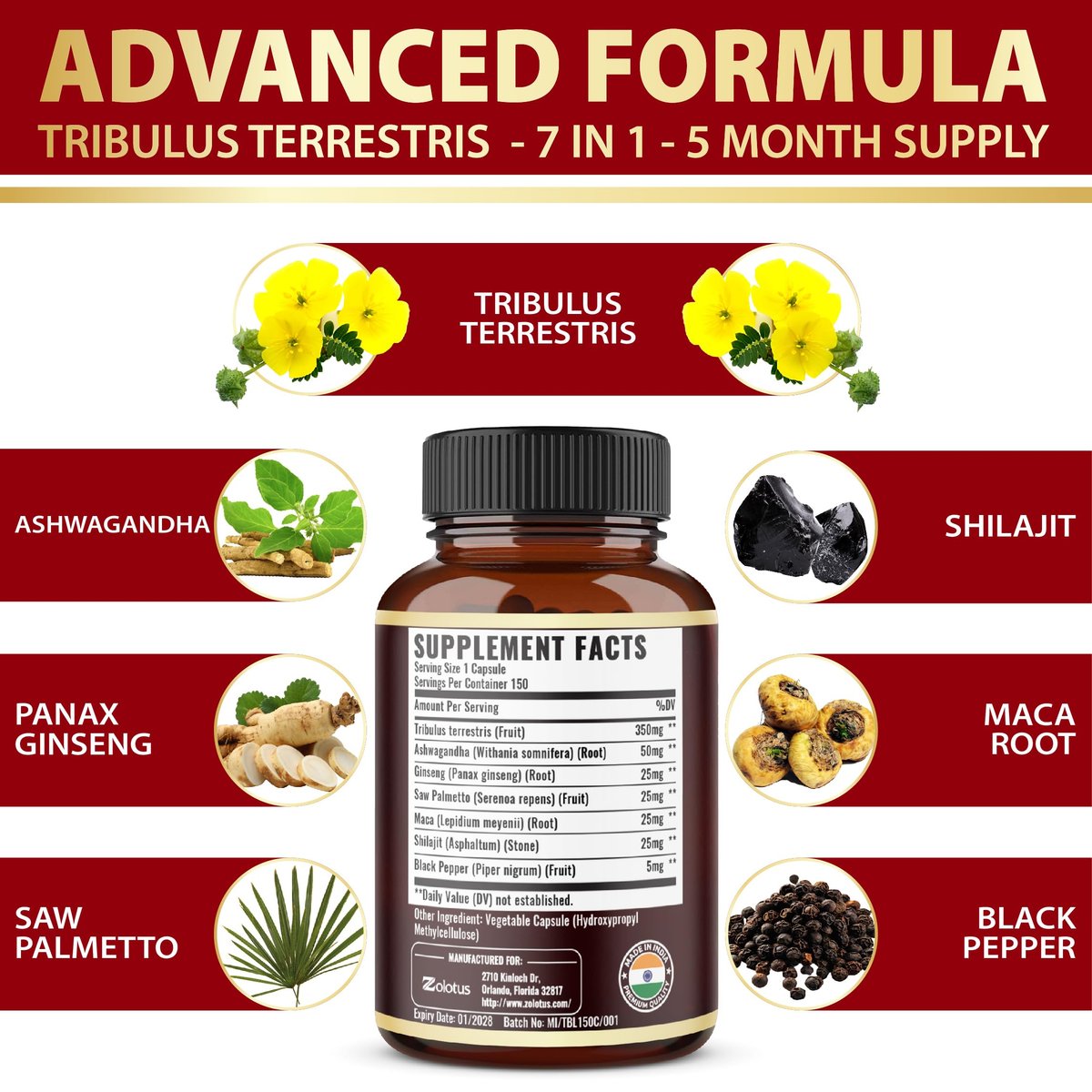 Tribulus Terrestris Komplex mit Ashwagandha, Ginseng, Sägepalme, Maca & Shilajit – 150 Kapseln (5-Monatsvorrat)
