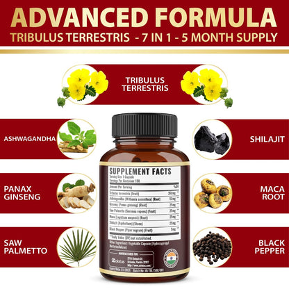 Tribulus Terrestris Komplex mit Ashwagandha, Ginseng, Sägepalme, Maca & Shilajit – 150 Kapseln (5-Monatsvorrat)