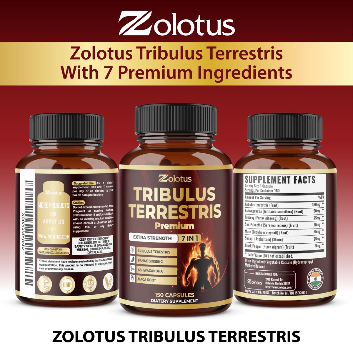 Tribulus Terrestris Komplex mit Ashwagandha, Ginseng, Sägepalme, Maca & Shilajit – 150 Kapseln (5-Monatsvorrat)