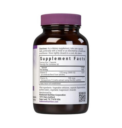 Bluebonnet Nutrition Vitamin D3 & K2, Sojafrei, für starke und gesunde Knochen*, Glutenfrei, Nicht-GVO, Milchfrei, Koscher zertifiziert, Vegetarisch, 60 pflanzliche Kapseln, 60 Portionen