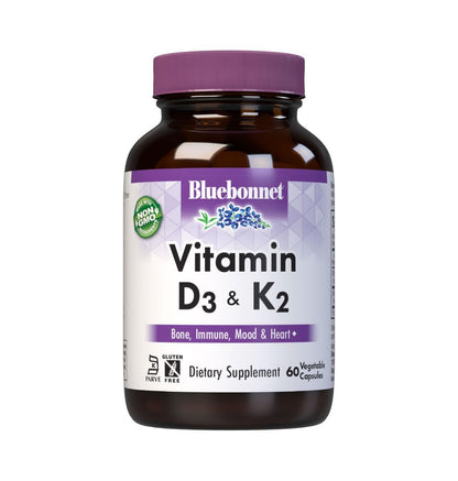 Bluebonnet Nutrition Vitamin D3 & K2, Sojafrei, für starke und gesunde Knochen*, Glutenfrei, Nicht-GVO, Milchfrei, Koscher zertifiziert, Vegetarisch, 60 pflanzliche Kapseln, 60 Portionen