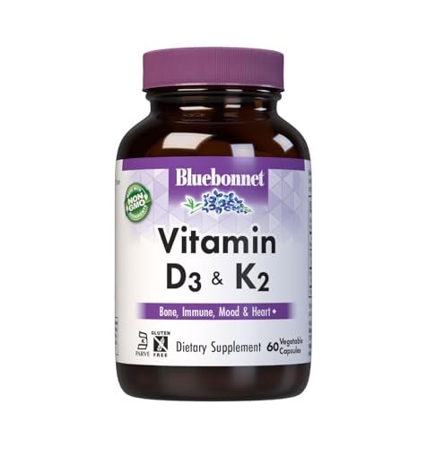 Bluebonnet Nutrition Vitamin D3 & K2, Sojafrei, für starke und gesunde Knochen*, Glutenfrei, Nicht-GVO, Milchfrei, Koscher zertifiziert, Vegetarisch, 60 pflanzliche Kapseln, 60 Portionen