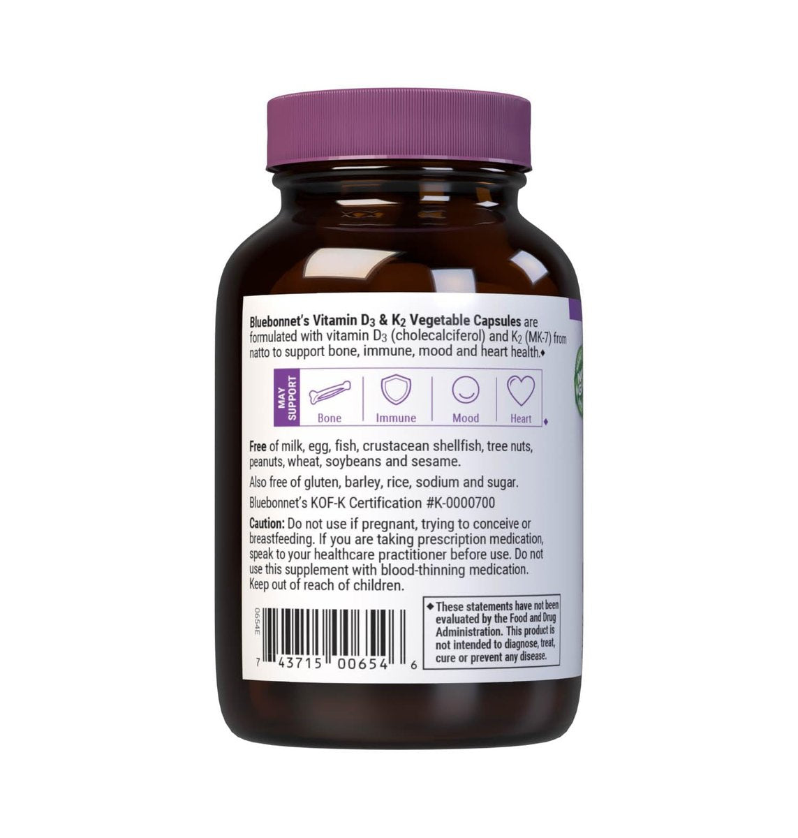 Bluebonnet Nutrition Vitamin D3 & K2, Sojafrei, für starke und gesunde Knochen*, Glutenfrei, Nicht-GVO, Milchfrei, Koscher zertifiziert, Vegetarisch, 60 pflanzliche Kapseln, 60 Portionen