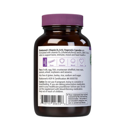 Bluebonnet Nutrition Vitamin D3 & K2, Sojafrei, für starke und gesunde Knochen*, Glutenfrei, Nicht-GVO, Milchfrei, Koscher zertifiziert, Vegetarisch, 60 pflanzliche Kapseln, 60 Portionen