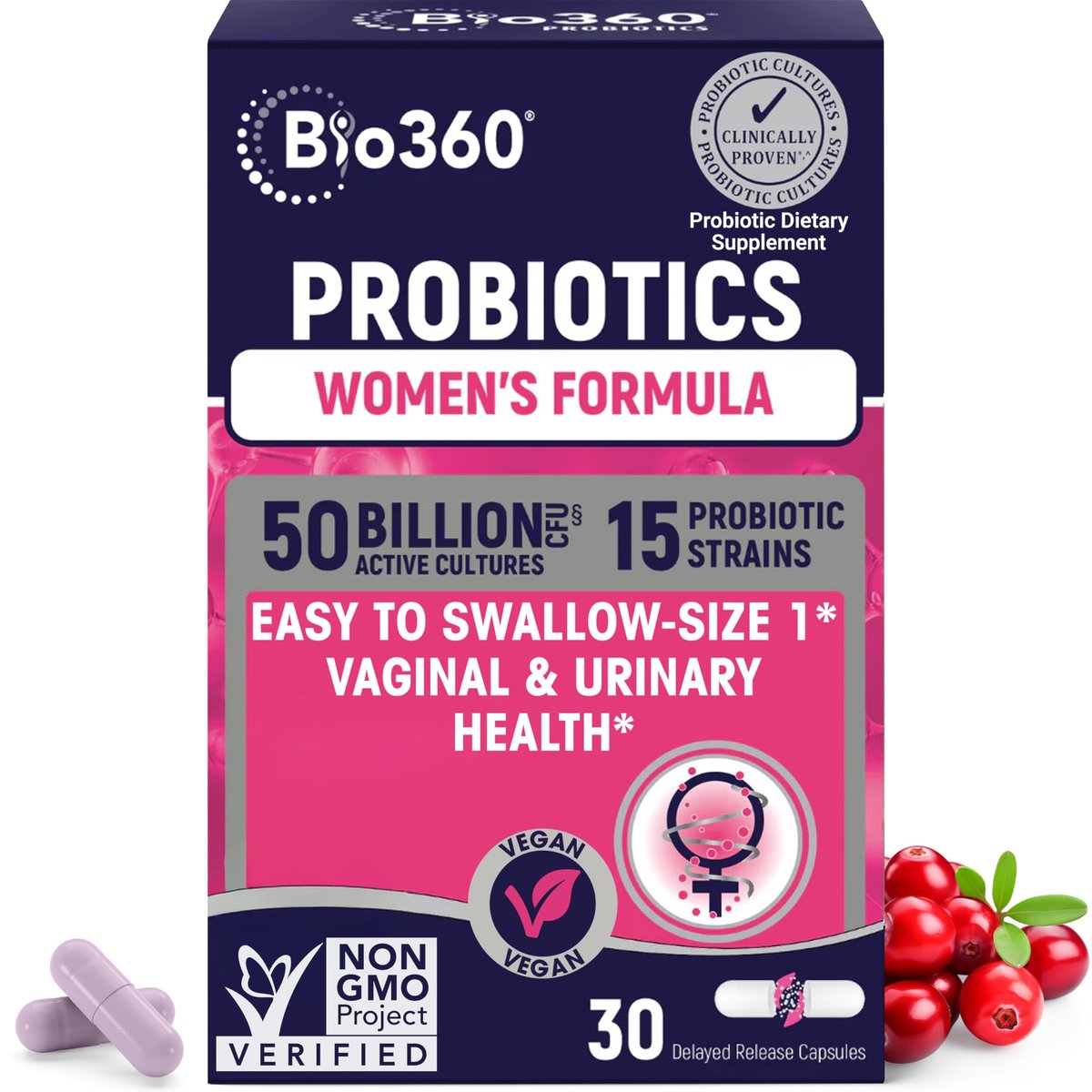 Bio360 Probiotika für Frauen Vaginale Gesundheit – Unterstützt pH-Gleichgewicht, Vaginal-, Harnwegs- und Verdauungsgesundheit – 50 Milliarden KBE & 15 einzigartige Stämme für gesunden Vaginalgeruch & Vaginalflora – Lagerstabil