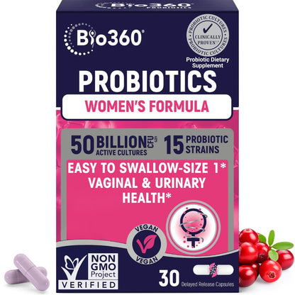 Bio360 Probiotika für Frauen Vaginale Gesundheit – Unterstützt pH-Gleichgewicht, Vaginal-, Harnwegs- und Verdauungsgesundheit – 50 Milliarden KBE & 15 einzigartige Stämme für gesunden Vaginalgeruch & Vaginalflora – Lagerstabil