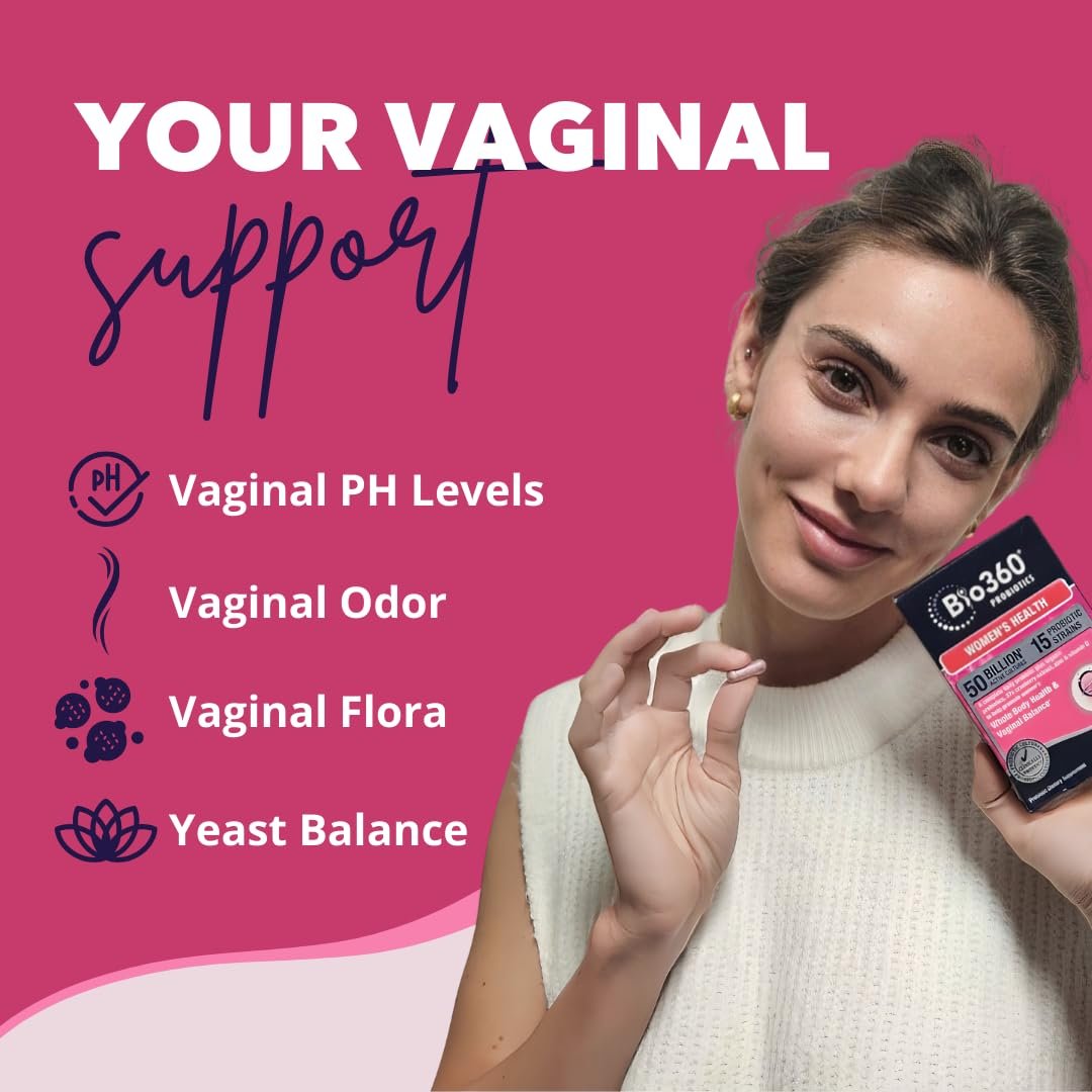 Bio360 Probiotika für Frauen Vaginale Gesundheit – Unterstützt pH-Gleichgewicht, Vaginal-, Harnwegs- und Verdauungsgesundheit – 50 Milliarden KBE & 15 einzigartige Stämme für gesunden Vaginalgeruch & Vaginalflora – Lagerstabil