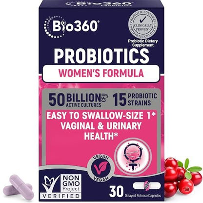 Bio360 Probiotika für Frauen Vaginale Gesundheit – Unterstützt pH-Gleichgewicht, Vaginal-, Harnwegs- und Verdauungsgesundheit – 50 Milliarden KBE & 15 einzigartige Stämme für gesunden Vaginalgeruch & Vaginalflora – Lagerstabil
