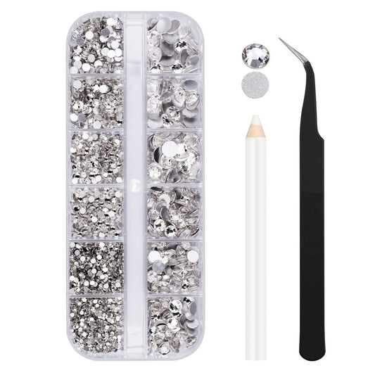 2000 Stück klare Strasssteine, runde flache Rückseite, Glasdiamanten für Basteln, Nägel, Acrylnägel, Gesicht, Augen-Make-up, Kleiderdekoration (6 Größen, 1,5-6 mm) mit Pinzette und Wachsstift