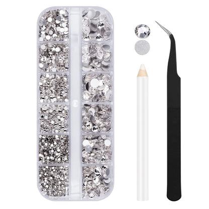 2000 Stück klare Strasssteine, runde flache Rückseite, Glasdiamanten für Basteln, Nägel, Acrylnägel, Gesicht, Augen-Make-up, Kleiderdekoration (6 Größen, 1,5-6 mm) mit Pinzette und Wachsstift