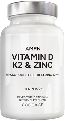 Amen Vitamin D, K2 & Zink – D3 5000 IE, Bio-Wholefood-Blend mit Apfel, Heidelbeere, Cranberry, Holunderbeerpulver, veganes Nahrungsergänzungsmittel, D3 K2 Vitamine, Non-GMO – 60 Kapseln