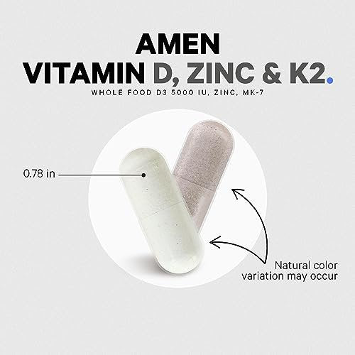 Amen Vitamin D, K2 & Zink – D3 5000 IE, Bio-Wholefood-Blend mit Apfel, Heidelbeere, Cranberry, Holunderbeerpulver, veganes Nahrungsergänzungsmittel, D3 K2 Vitamine, Non-GMO – 60 Kapseln