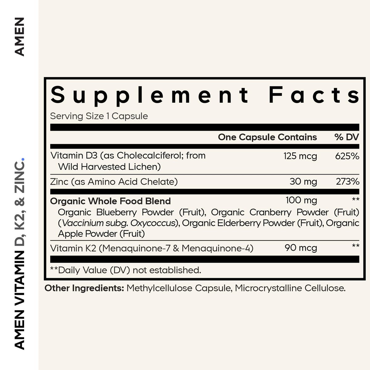 Amen Vitamin D, K2 & Zink – D3 5000 IE, Bio-Wholefood-Blend mit Apfel, Heidelbeere, Cranberry, Holunderbeerpulver, veganes Nahrungsergänzungsmittel, D3 K2 Vitamine, Non-GMO – 60 Kapseln