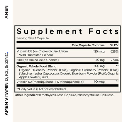 Amen Vitamin D, K2 & Zink – D3 5000 IE, Bio-Wholefood-Blend mit Apfel, Heidelbeere, Cranberry, Holunderbeerpulver, veganes Nahrungsergänzungsmittel, D3 K2 Vitamine, Non-GMO – 60 Kapseln