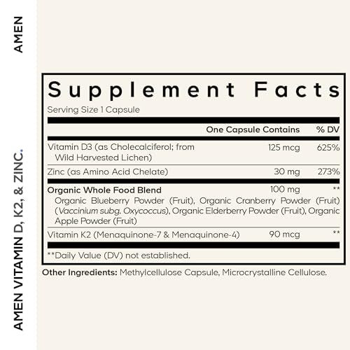 Amen Vitamin D, K2 & Zink – D3 5000 IE, Bio-Wholefood-Blend mit Apfel, Heidelbeere, Cranberry, Holunderbeerpulver, veganes Nahrungsergänzungsmittel, D3 K2 Vitamine, Non-GMO – 60 Kapseln