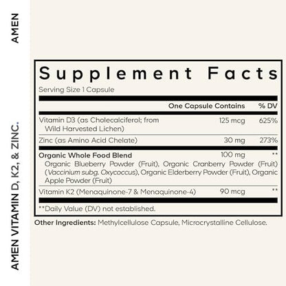 Amen Vitamin D, K2 & Zink – D3 5000 IE, Bio-Wholefood-Blend mit Apfel, Heidelbeere, Cranberry, Holunderbeerpulver, veganes Nahrungsergänzungsmittel, D3 K2 Vitamine, Non-GMO – 60 Kapseln