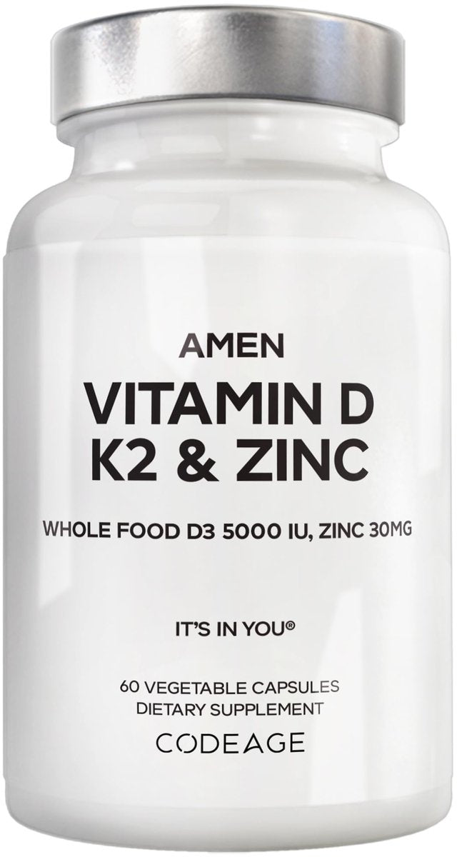 Amen Vitamin D, K2 & Zink – D3 5000 IE, Bio-Wholefood-Blend mit Apfel, Heidelbeere, Cranberry, Holunderbeerpulver, veganes Nahrungsergänzungsmittel, D3 K2 Vitamine, Non-GMO – 60 Kapseln