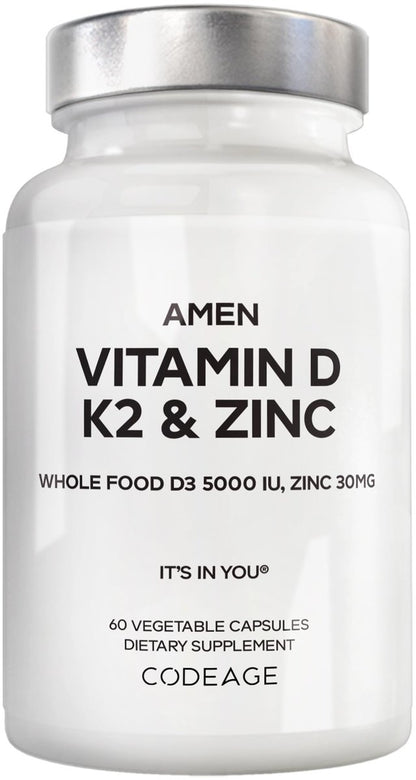 Amen Vitamin D, K2 & Zink – D3 5000 IE, Bio-Wholefood-Blend mit Apfel, Heidelbeere, Cranberry, Holunderbeerpulver, veganes Nahrungsergänzungsmittel, D3 K2 Vitamine, Non-GMO – 60 Kapseln