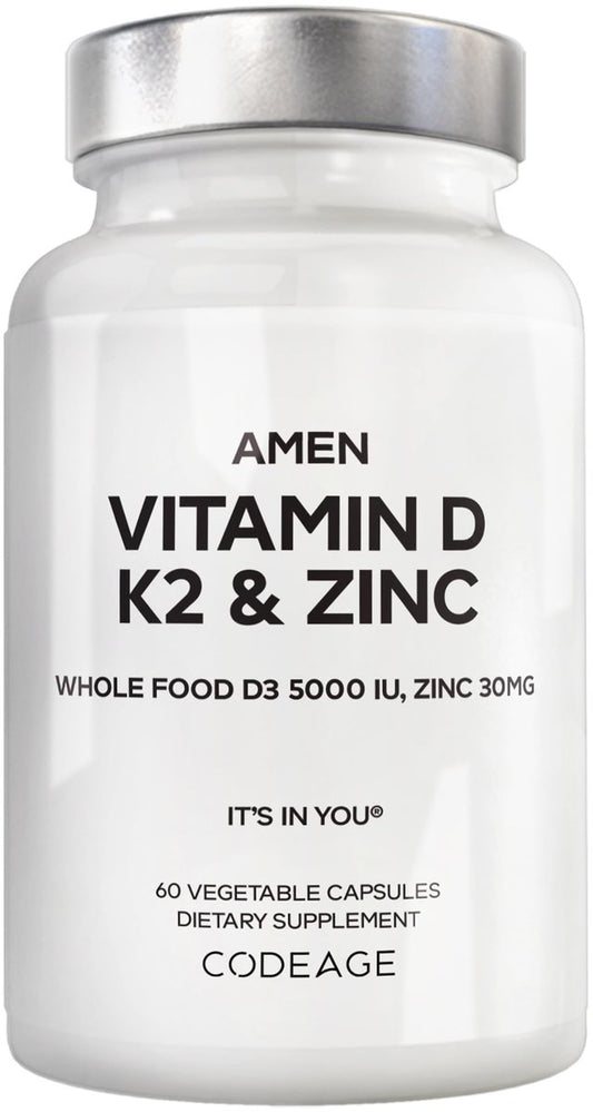 Amen Vitamin D, K2 & Zink – D3 5000 IE, Bio-Wholefood-Blend mit Apfel, Heidelbeere, Cranberry, Holunderbeerpulver, veganes Nahrungsergänzungsmittel, D3 K2 Vitamine, Non-GMO – 60 Kapseln